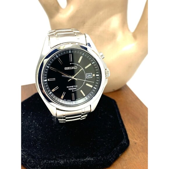 Seiko Men's Watch SKA523 Kinetic Black Dial Date Silver Stainless Steel 40mm - Picture 13 of 14